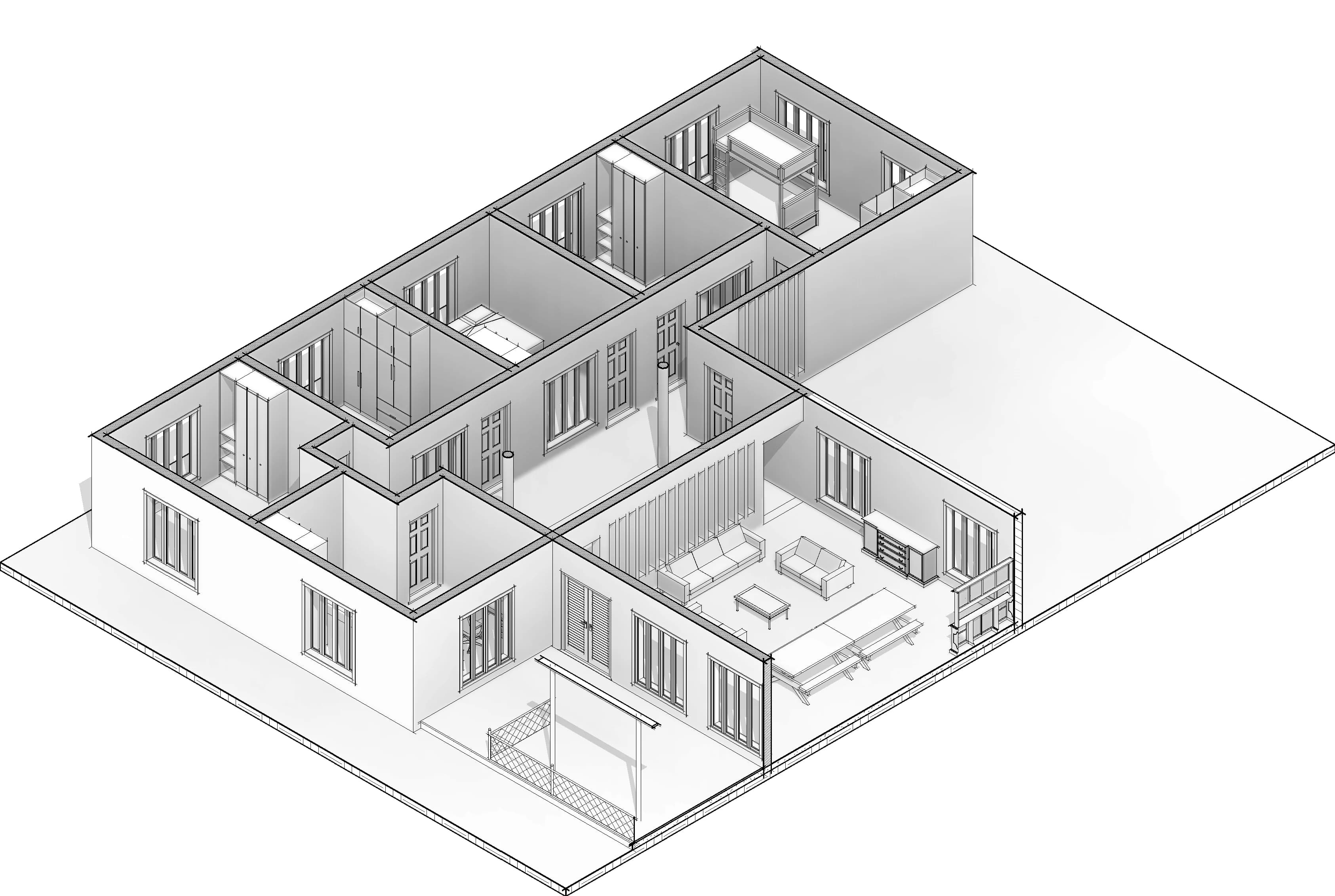 Roof-off axonometric showing bedrooms, shared living spaces, shaded outdoor rooms, and the service buildings within the proposed home