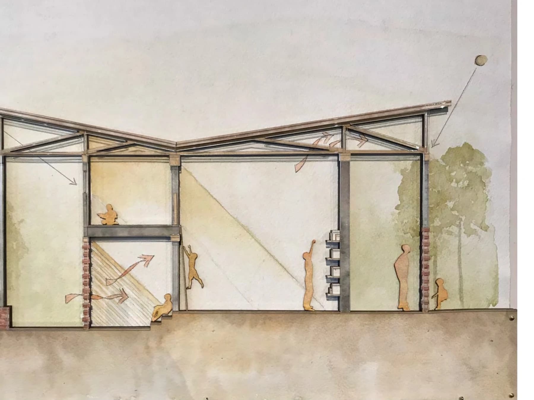 Sectional study of the proposed library, showing daylight entering beneath the split roof and natural airflow moving through the lower brick openings