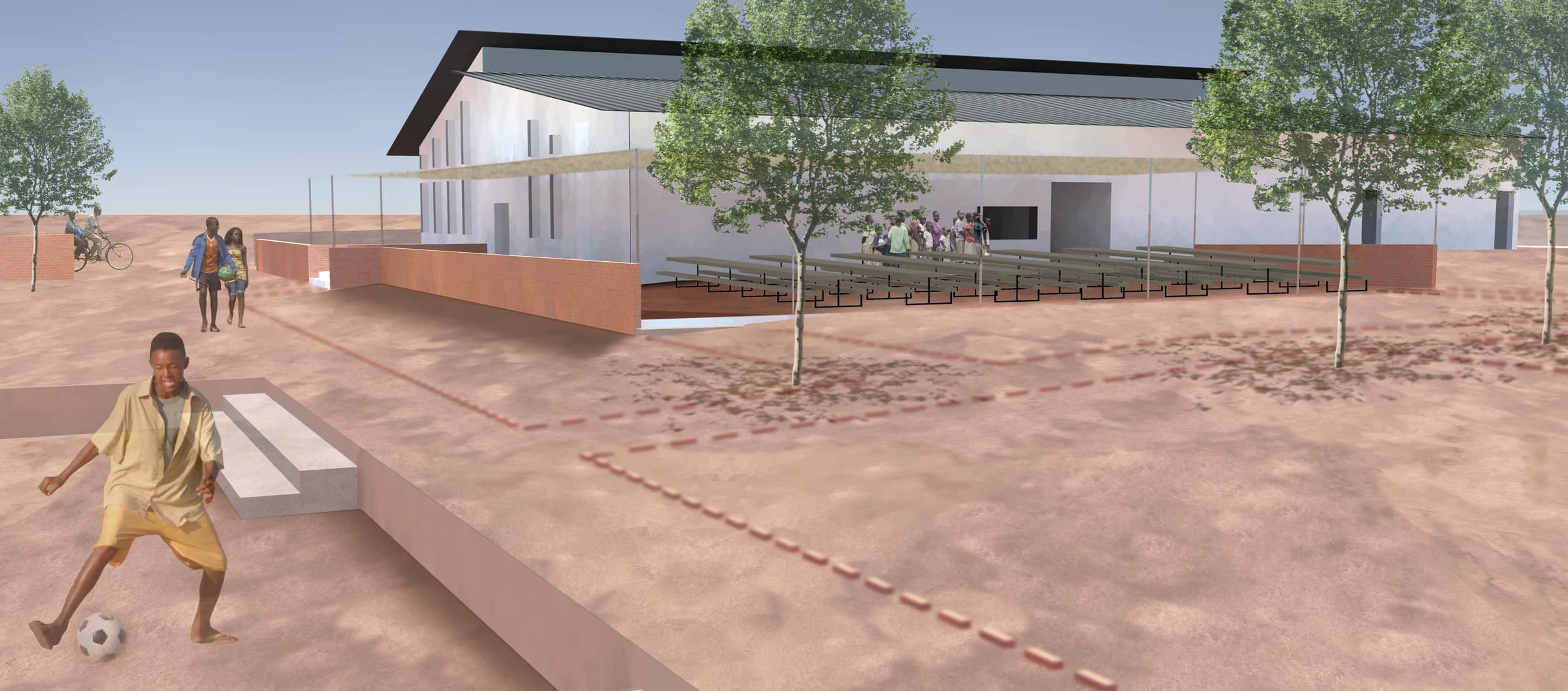 Architectural rendering of the school's central gathering court and shaded assembly building
