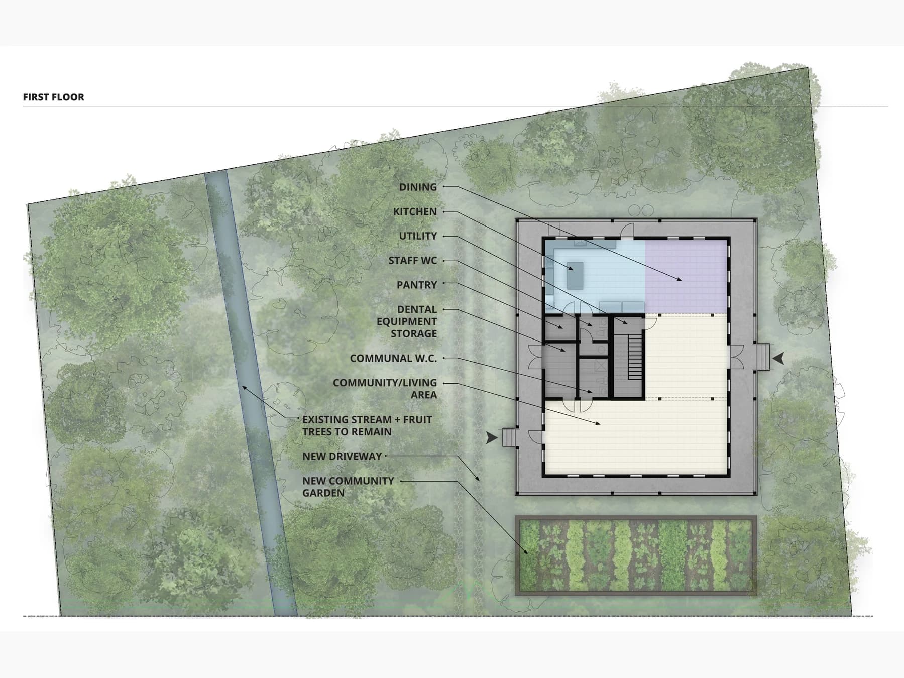 First-floor plan for Casa Benito, organizing communal living, dining, kitchen, storage, and service spaces beside the existing stream and a new community garden