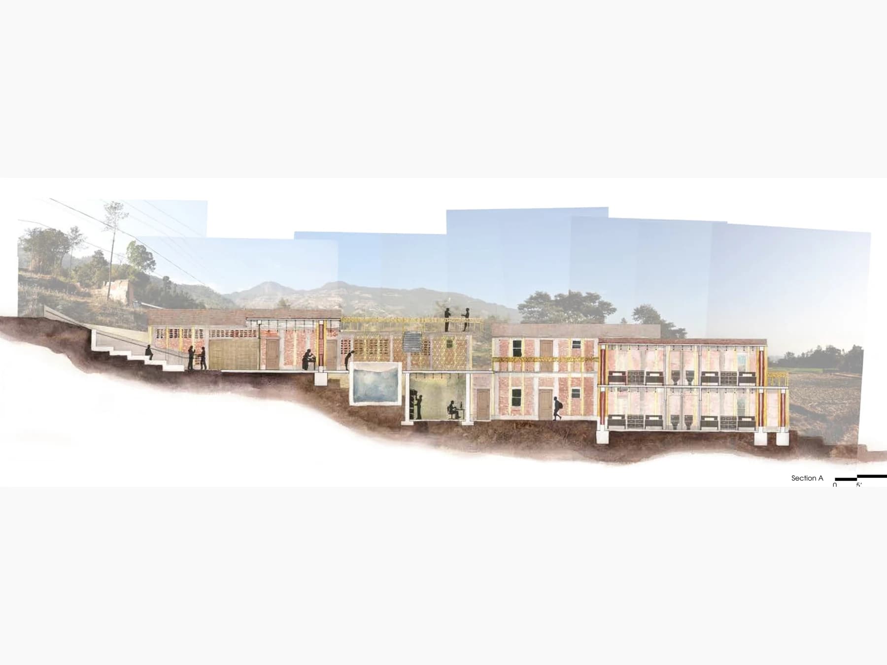 Long site section showing the proposed campus stepping down the hillside through the training hall, courtyards, and two-story dormitory wings