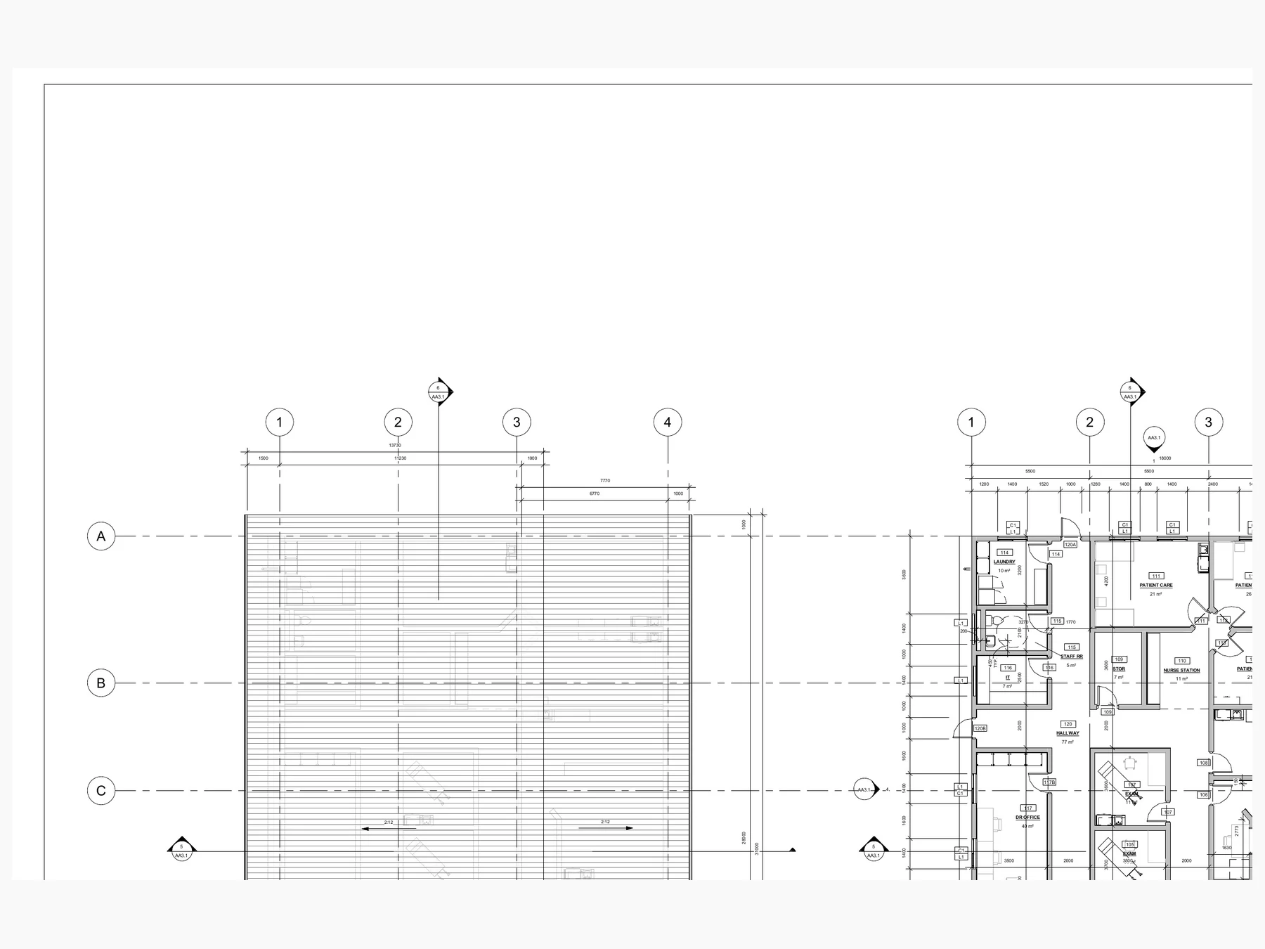 Floor plan for one Harmony Life clinic wing, pairing treatment and support rooms with a long covered circulation edge