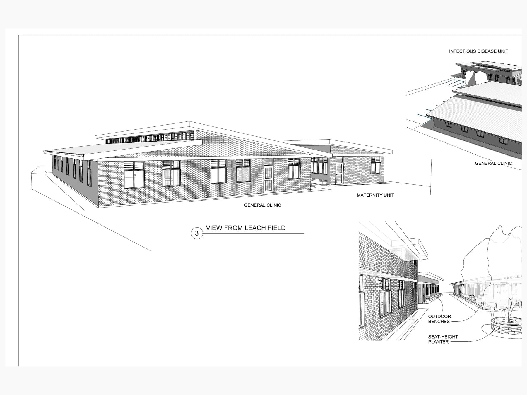 Architectural massing studies showing the clinic's low roof forms, ventilated clerestories, covered entries, and central courtyard