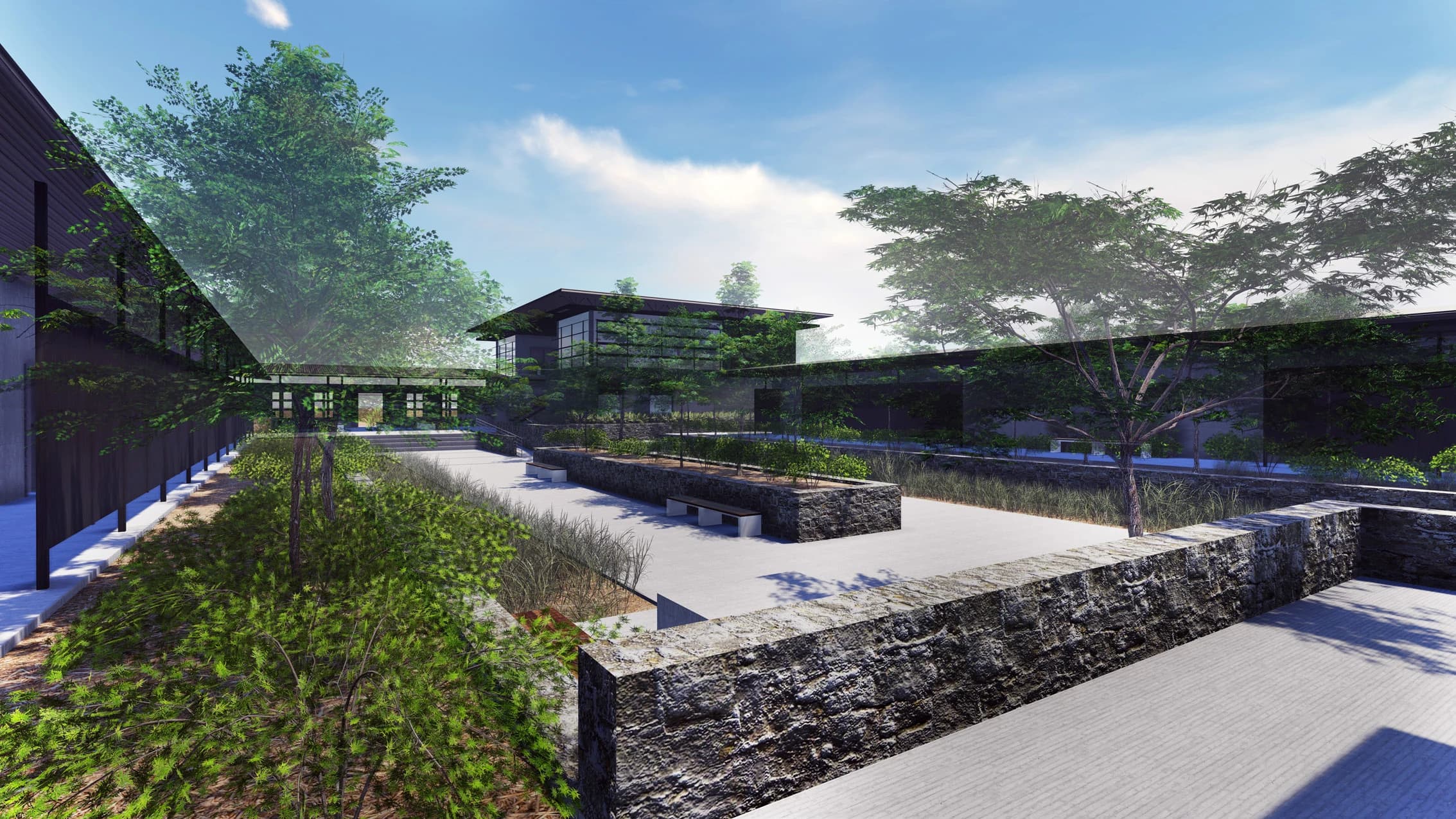 Architectural rendering of Maranatha Hospital's central healing garden, outdoor circulation, and stone-edged planting beds