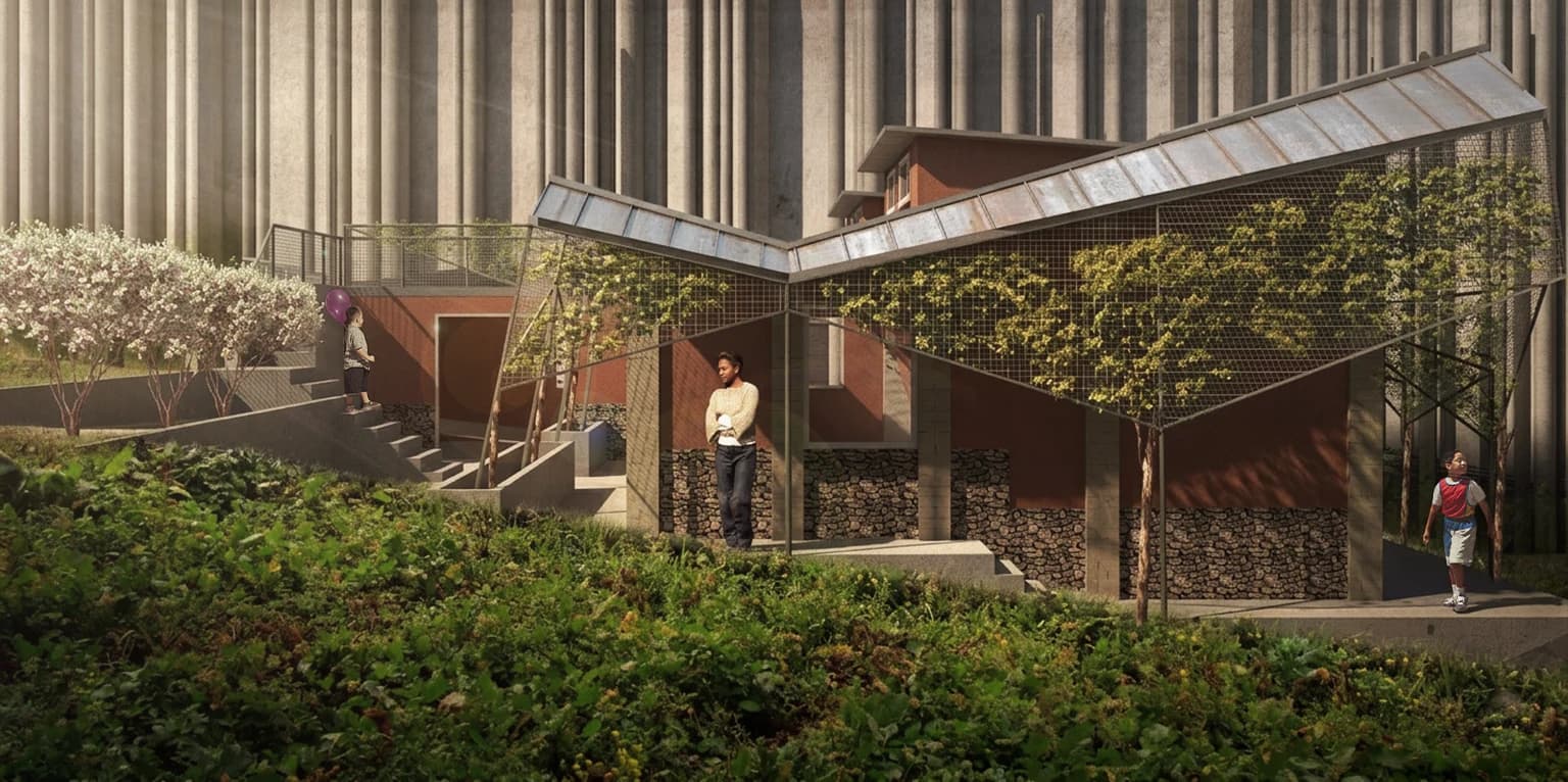 East elevation rendering of Ofelen Lakay Orphanage set into the planted hillside in Port-au-Prince