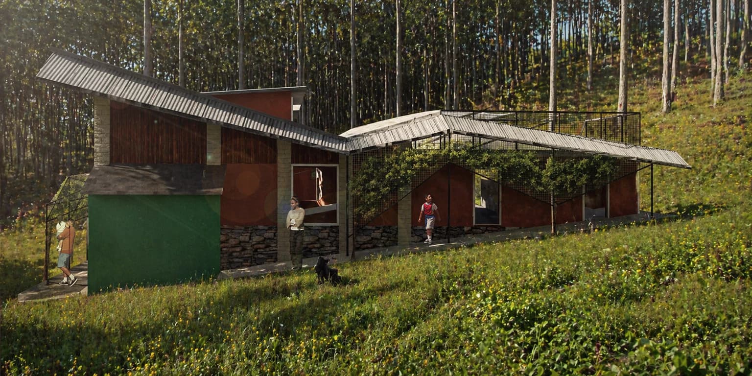 West elevation rendering of Ofelen Lakay Orphanage with shaded walkways and hillside planting