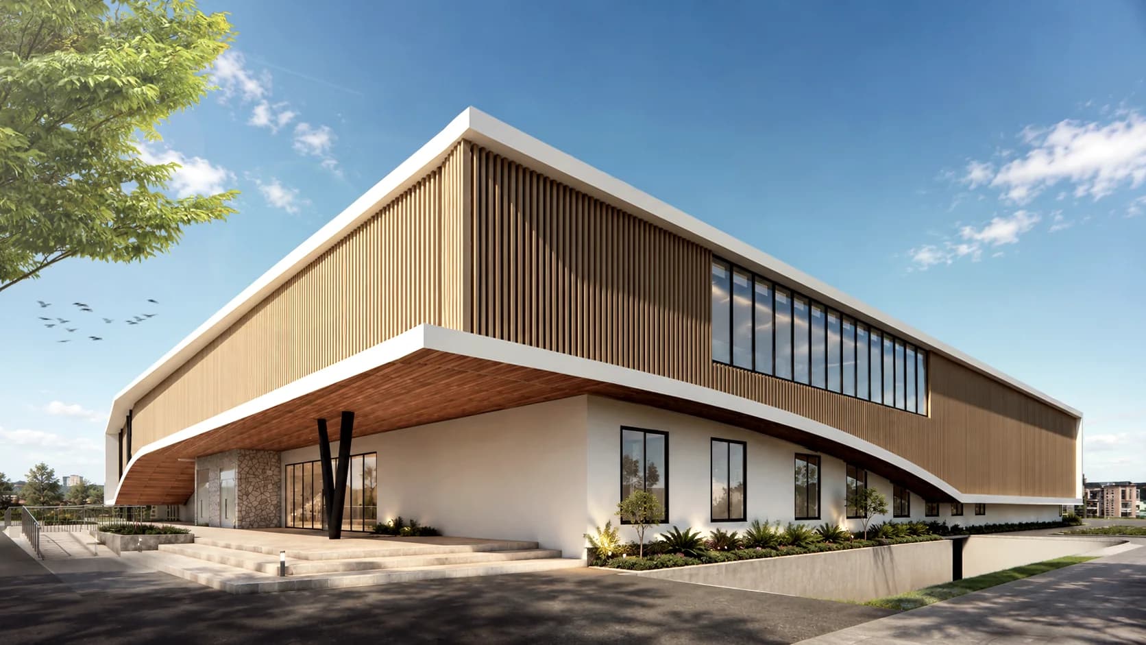 Rendering of the arena campus and its surrounding community buildings and landscape