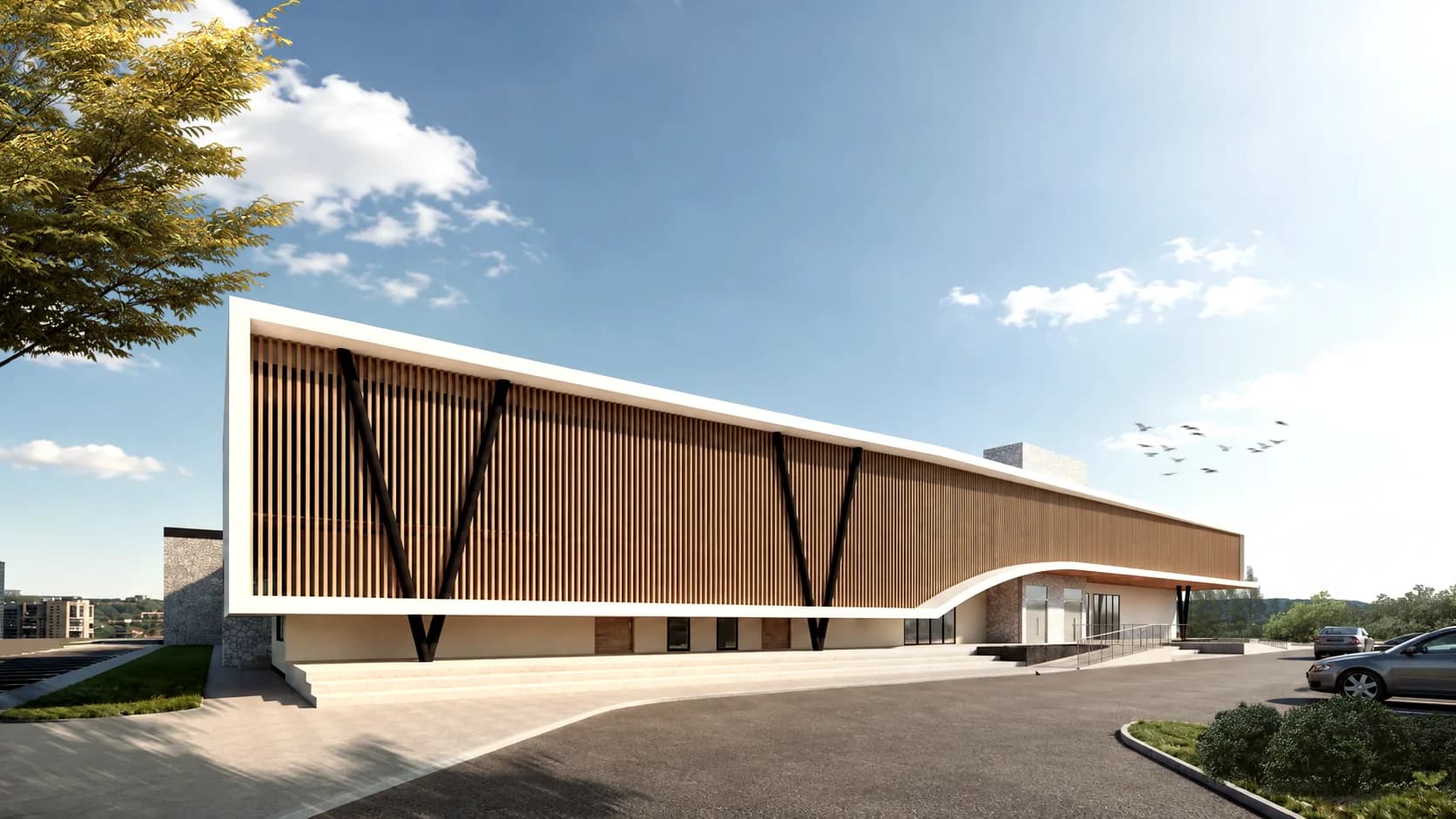 Rendering of a shared outdoor court connecting Ubumwe Arena's community programs