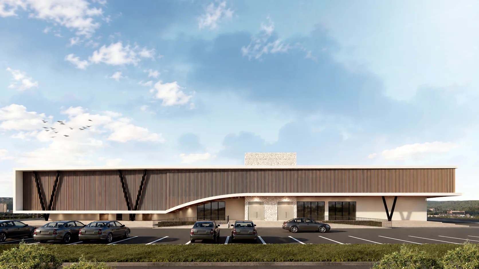 Rendering of Ubumwe Arena's shaded, accessible public entrance and timber screen