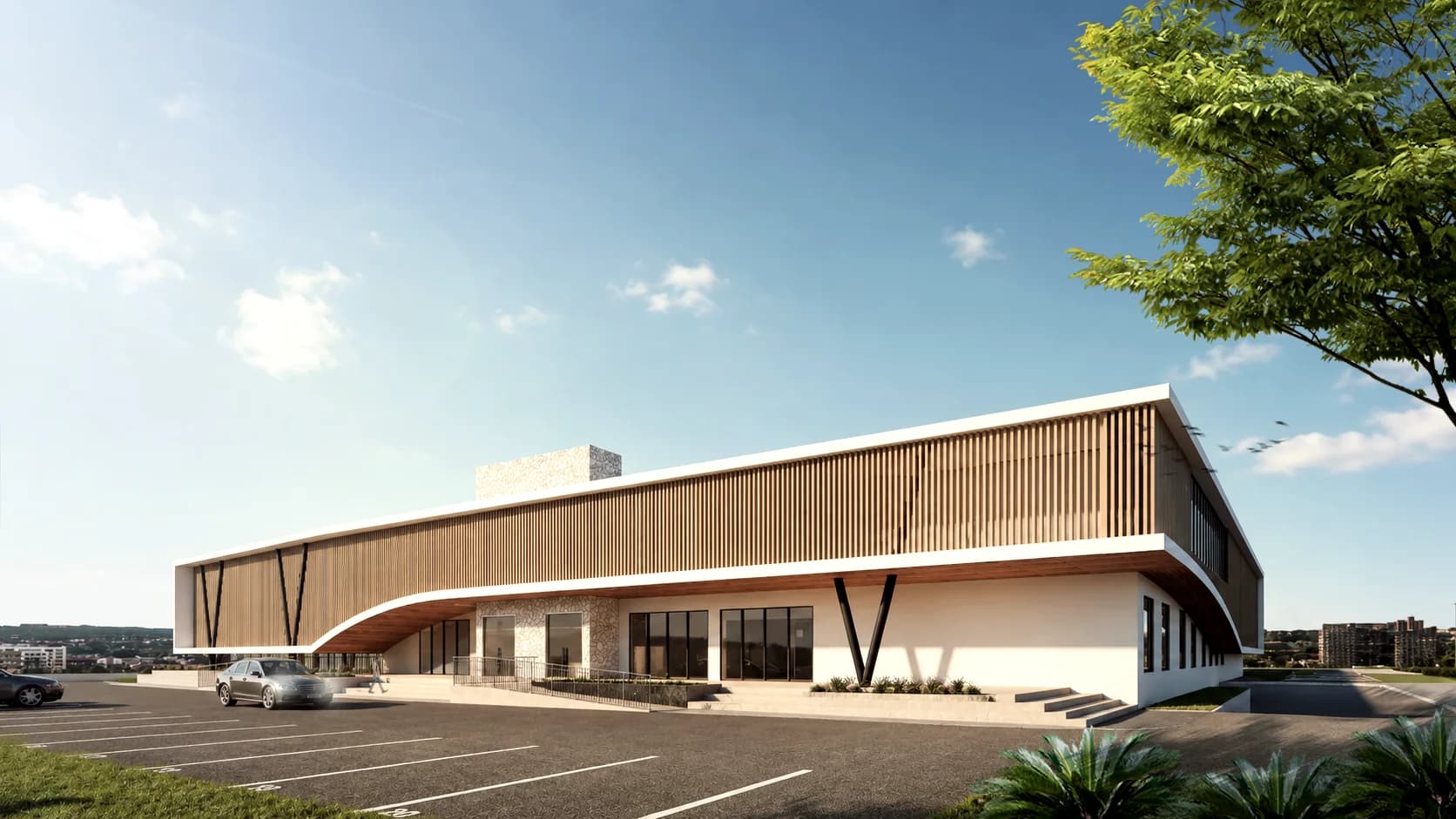 Interior rendering of the naturally lit and ventilated multipurpose arena