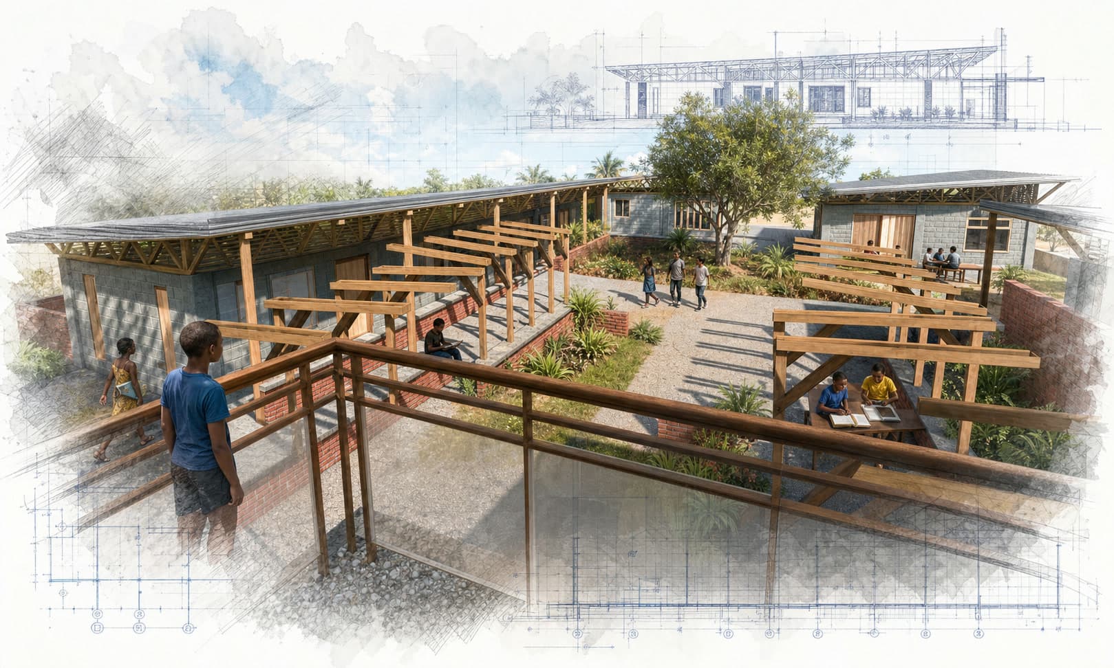 African Malaika Community Center architectural visualization with watercolor and blueprint details