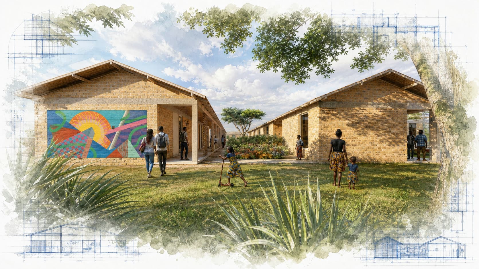 Akhin Village architectural visualization with watercolor and blueprint details