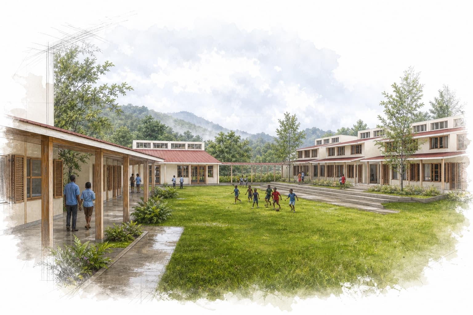 Anti-Trafficking Rescue Home architectural visualization with watercolor and blueprint details