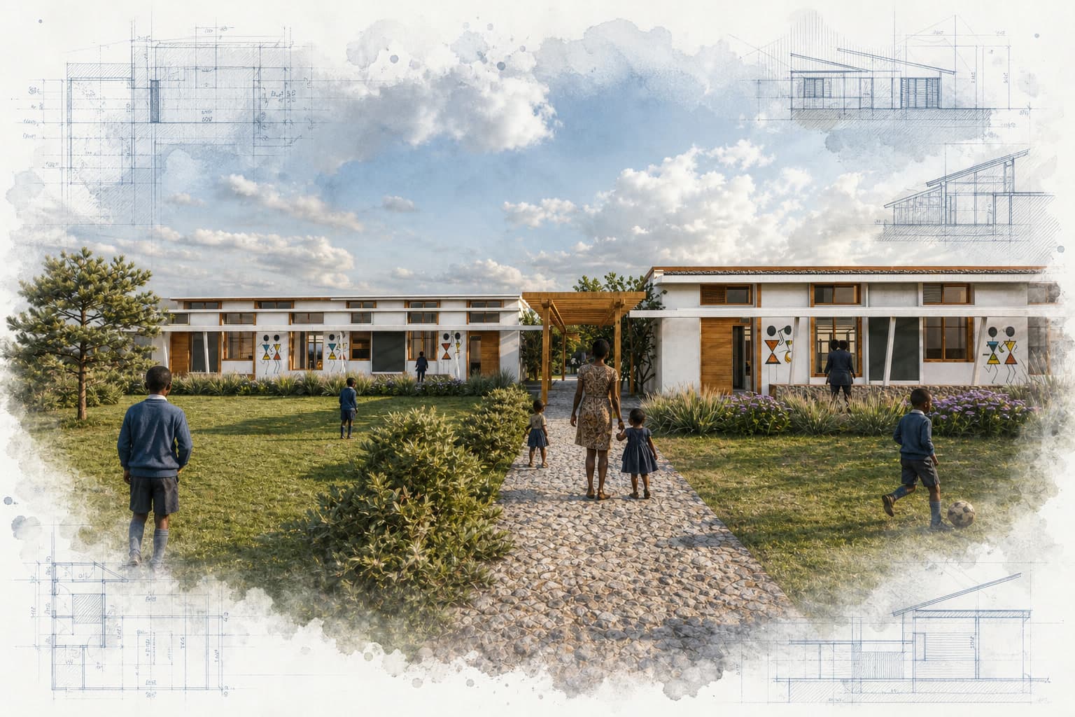 Aspire Academy School architectural visualization with watercolor and blueprint details