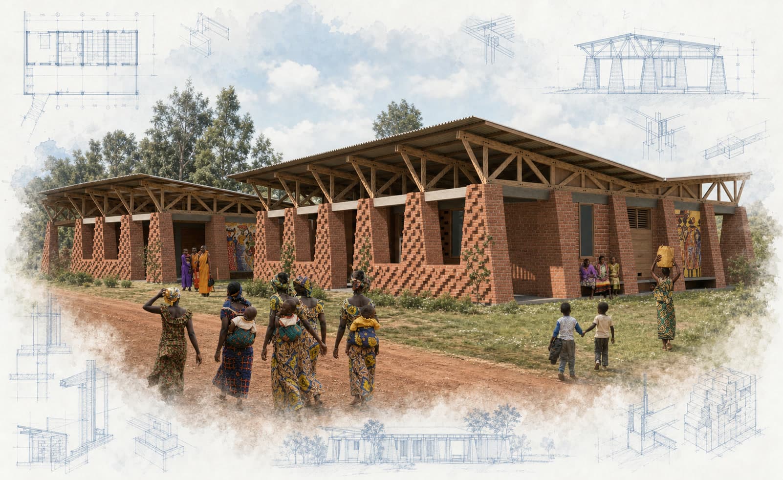 ASYV Community Center and Women's Co-op architectural visualization with watercolor and blueprint details