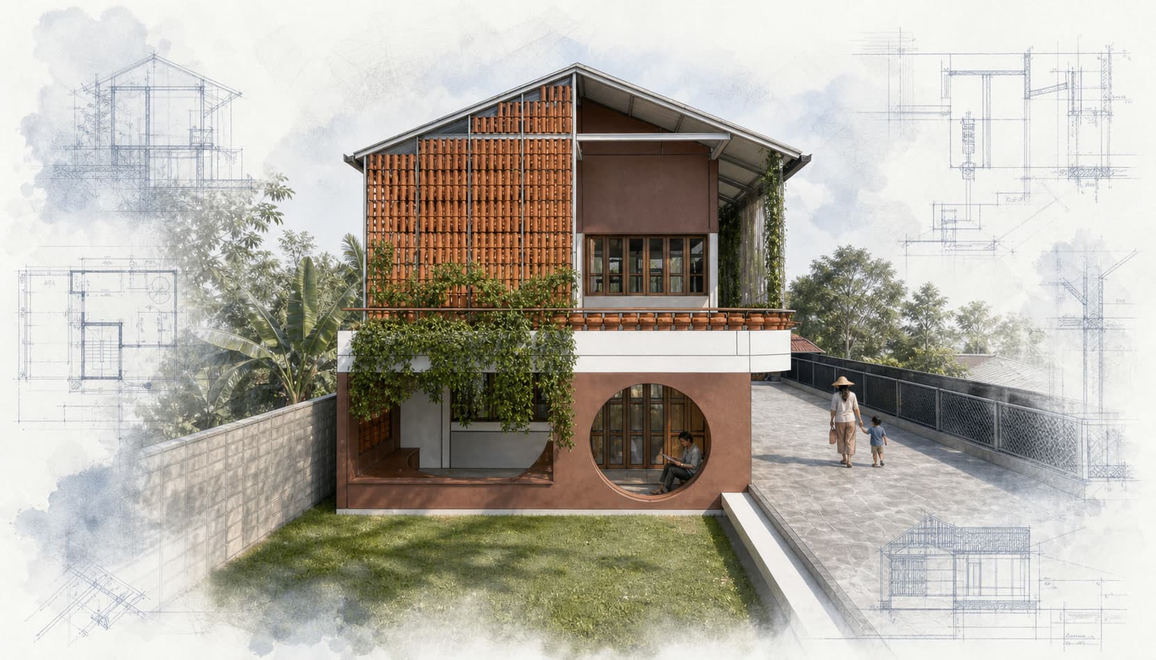 Baan Tam-na Sustainable Home architectural visualization with watercolor and blueprint details