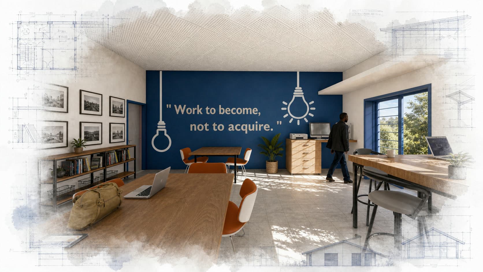 BAG Interior Upgrade architectural visualization with watercolor and blueprint details