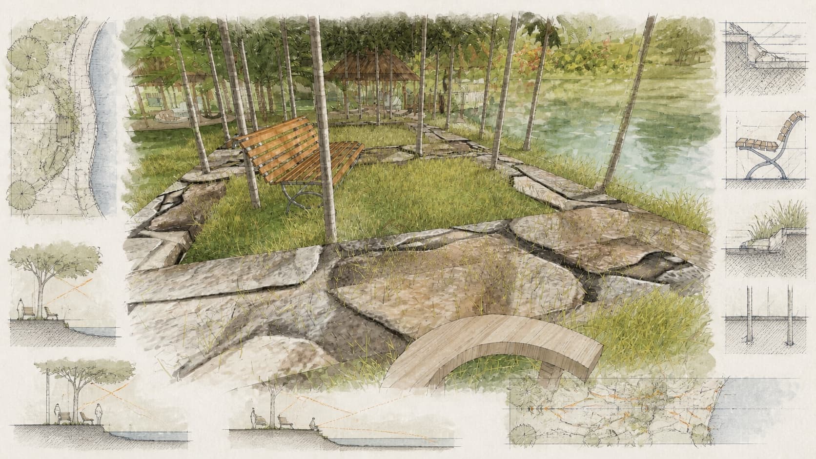 Benefits of Biophilic Design for Healthier Environments architectural visualization with watercolor and blueprint details