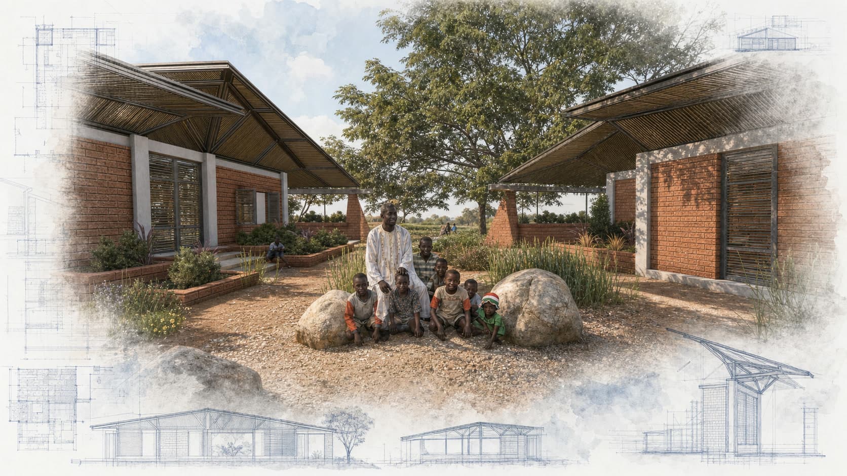 Bobo Dioulasso Center for Agriculture architectural visualization with watercolor and blueprint details
