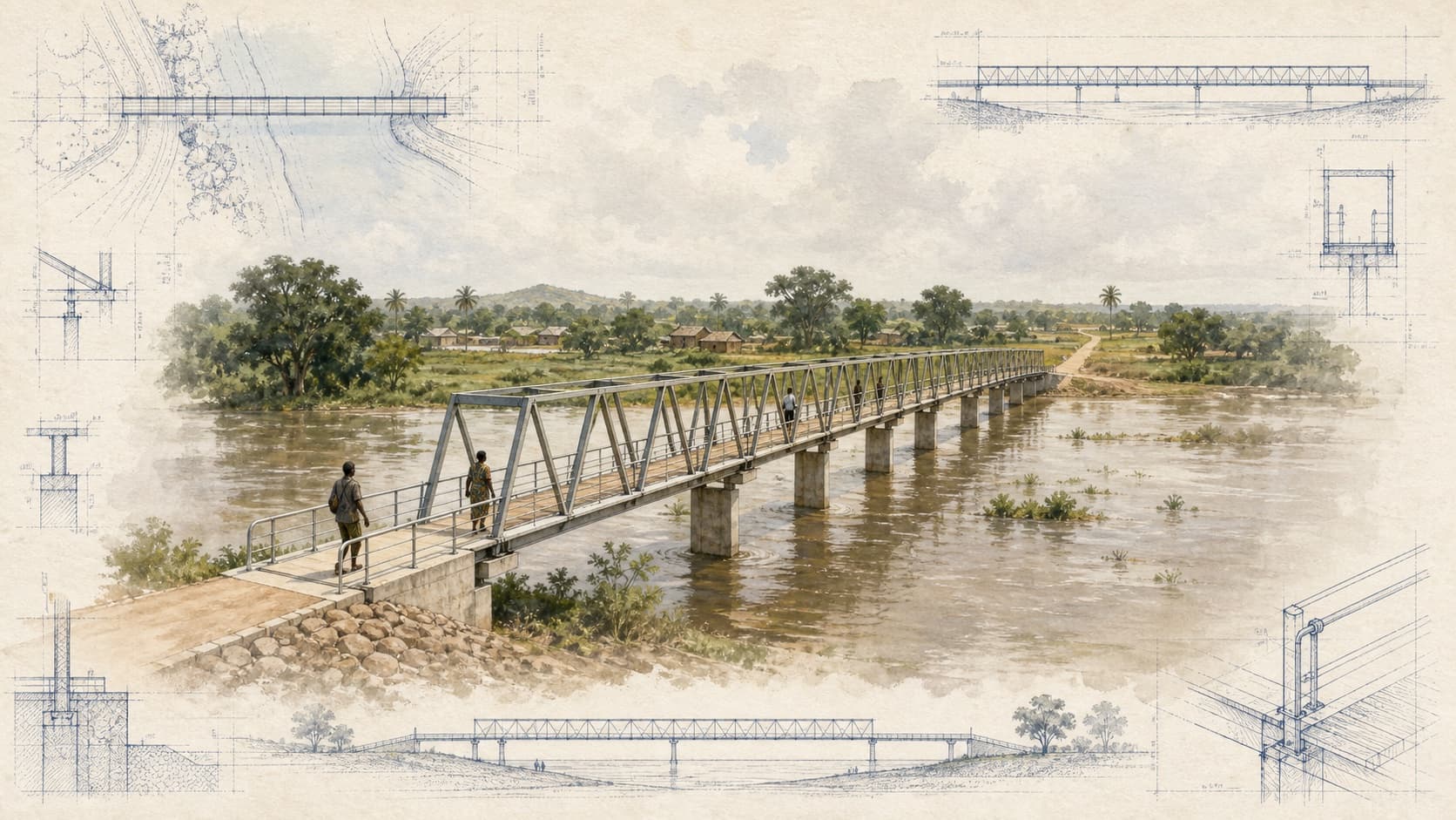 Canard’Zailés Bridge architectural visualization with watercolor and blueprint details
