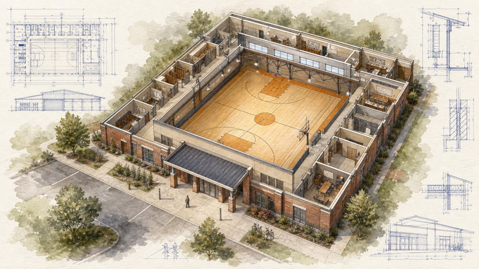 CHAD Community Center architectural visualization with watercolor and blueprint details