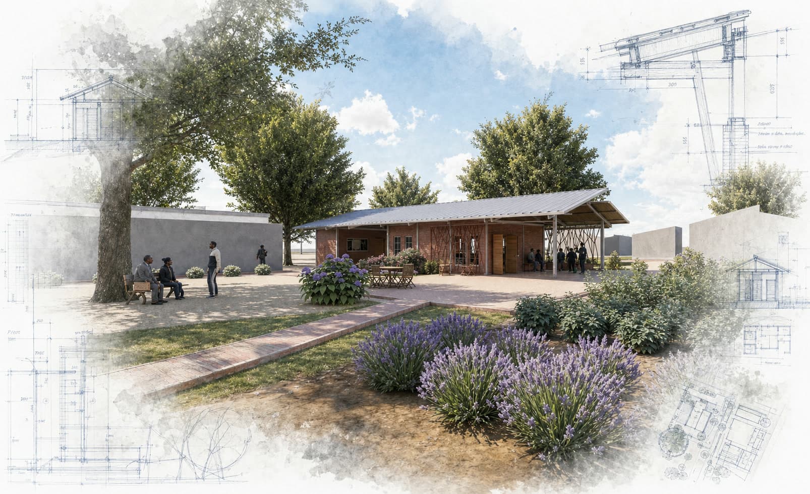 Chiedza Solar Village architectural visualization with watercolor and blueprint details