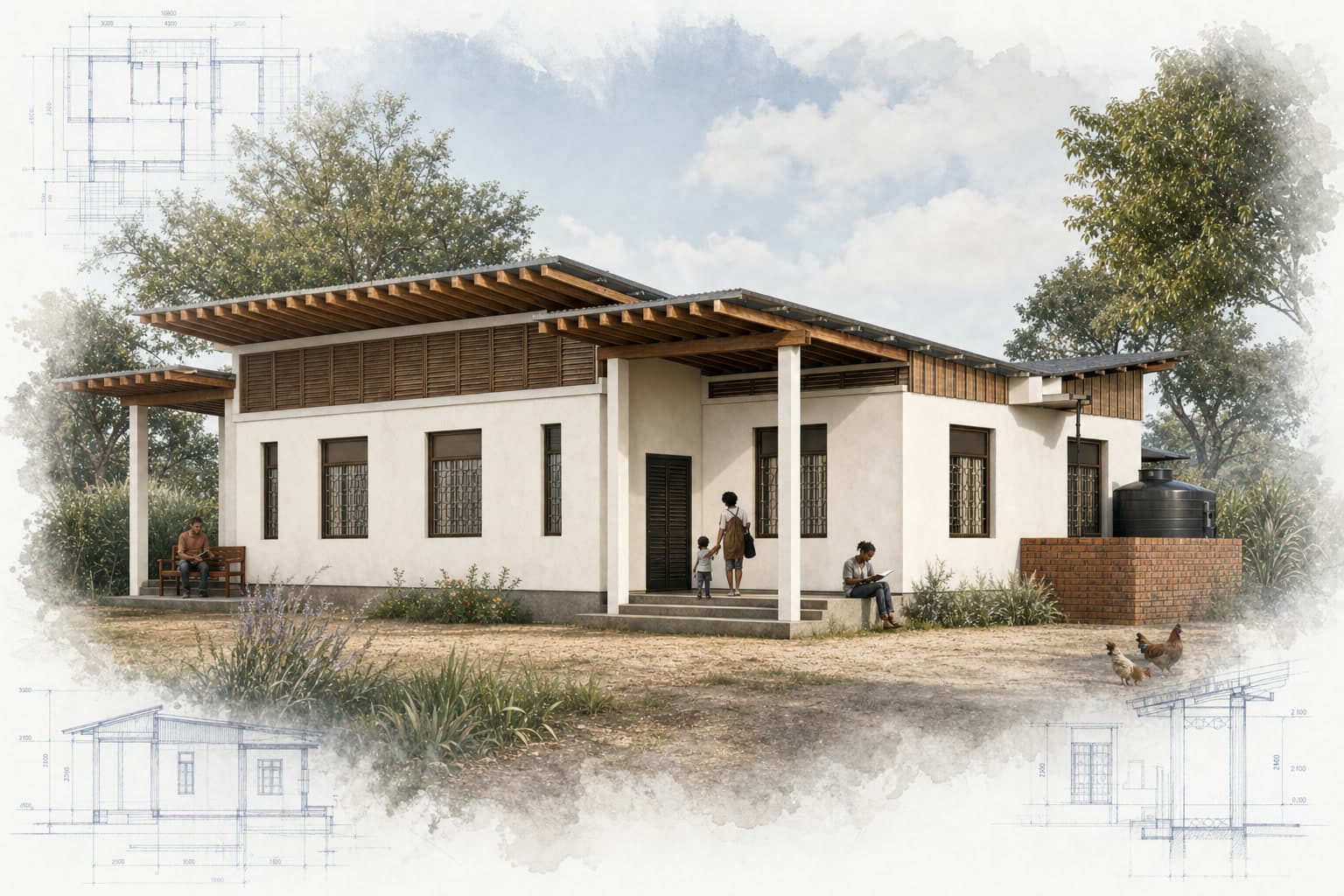 Children’s Village Teacher’s Housing architectural visualization with watercolor and blueprint details
