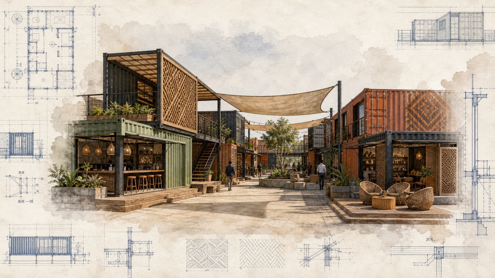 CHOGM Marketplace Concept architectural visualization with watercolor and blueprint details