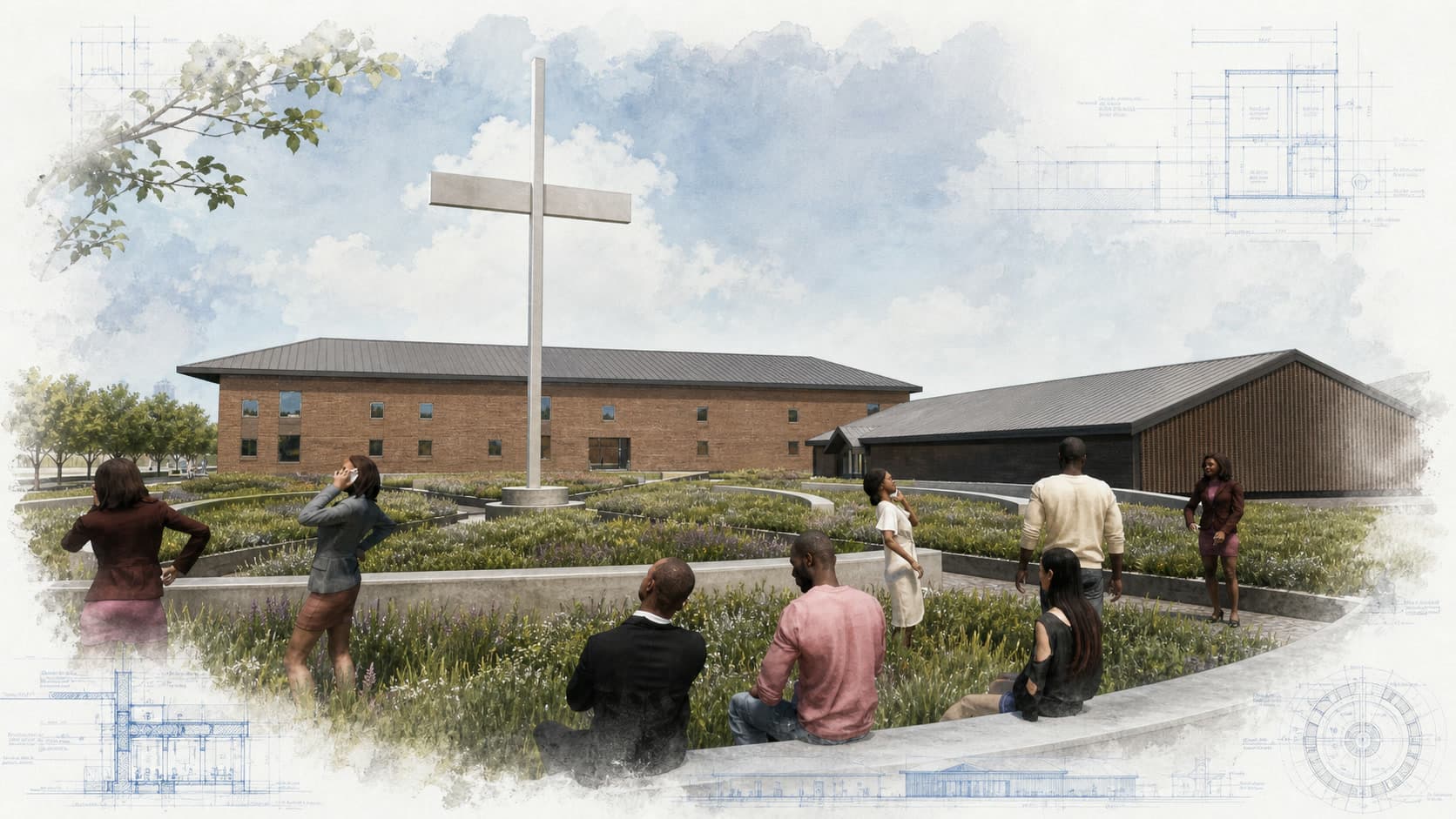 Christian University architectural visualization with watercolor and blueprint details