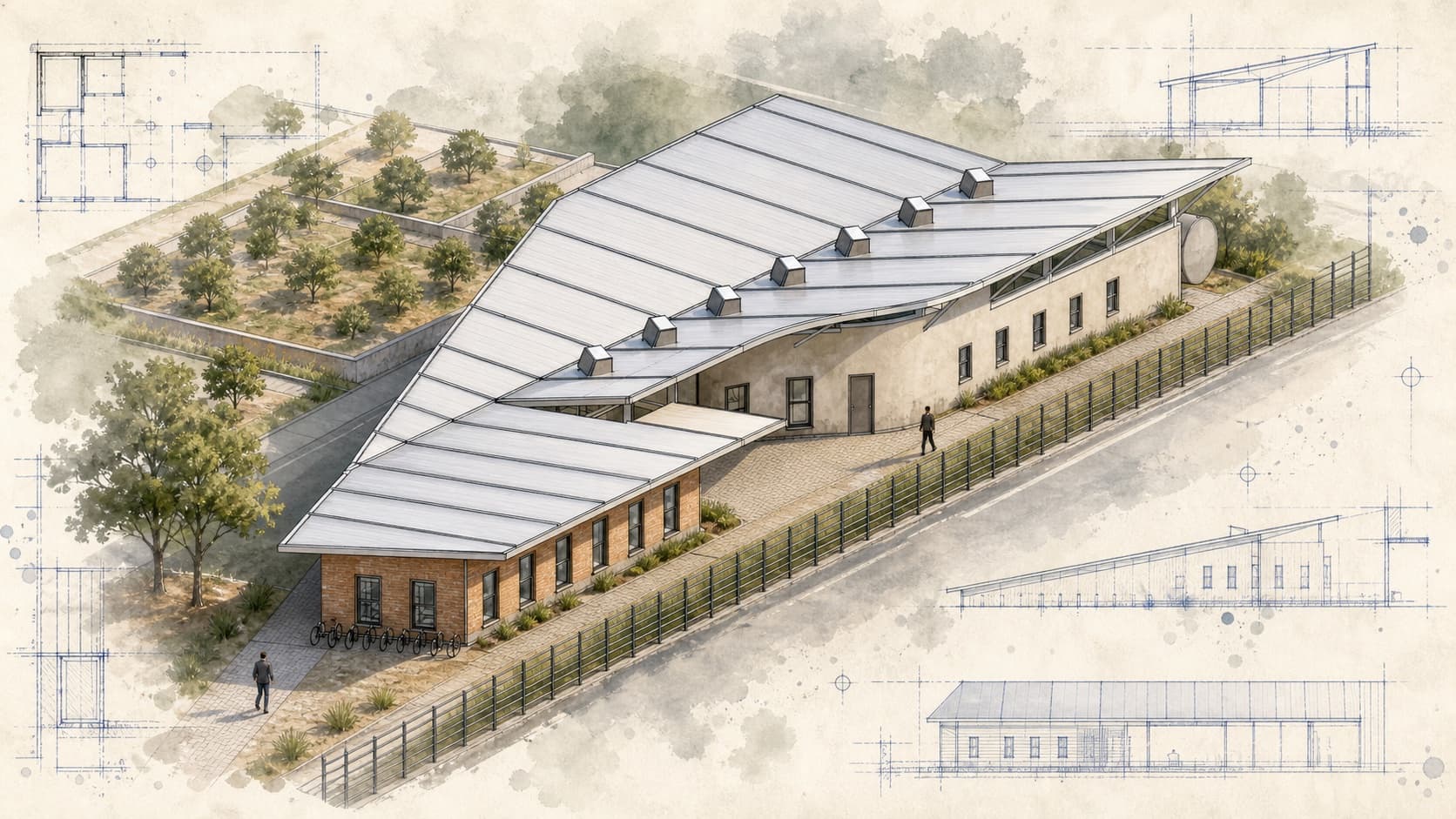 City Cottage Education Center architectural visualization with watercolor and blueprint details