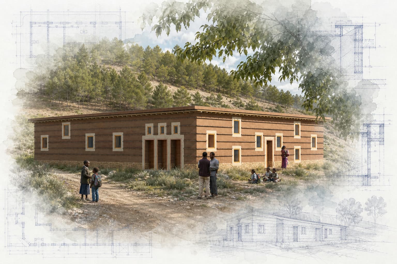 Dar Douar Primary School architectural visualization with watercolor and blueprint details