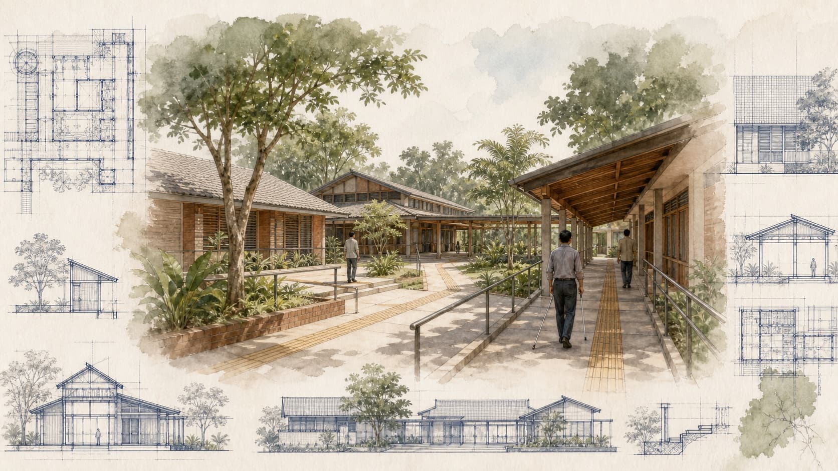 Discover Your Possibilities (DYP) Campus architectural visualization with watercolor and blueprint details