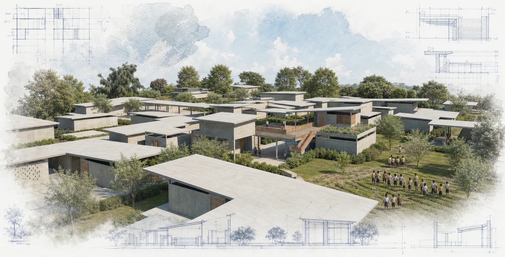 DIVOG Secondary School architectural visualization with watercolor and blueprint details