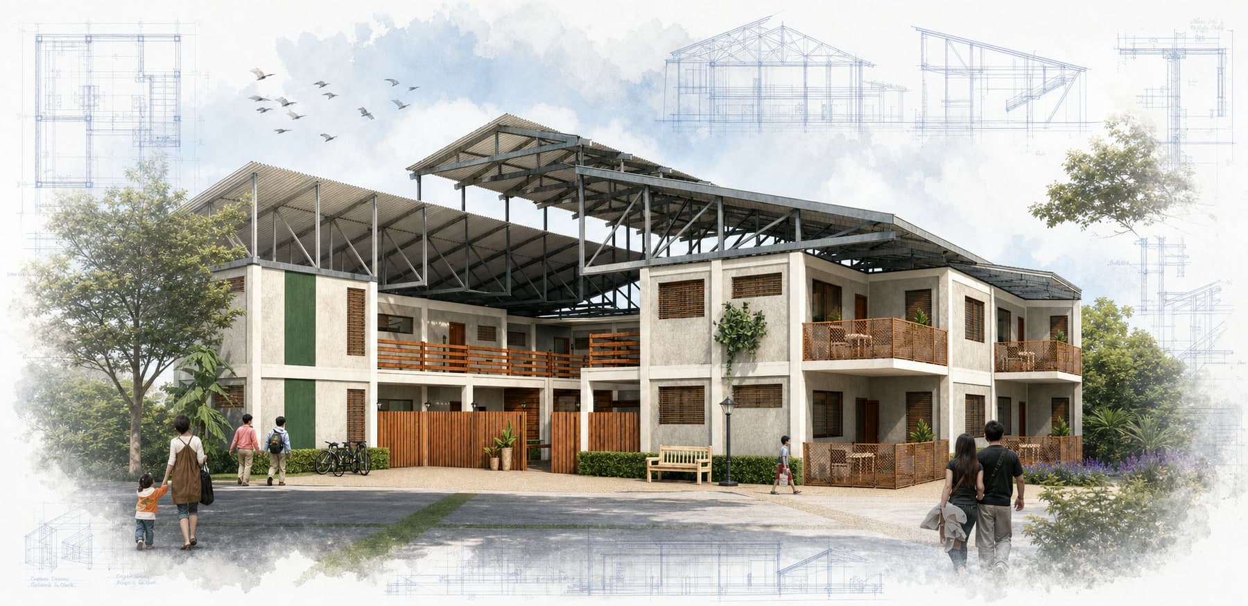 Dream Soccer Academy architectural visualization with watercolor and blueprint details
