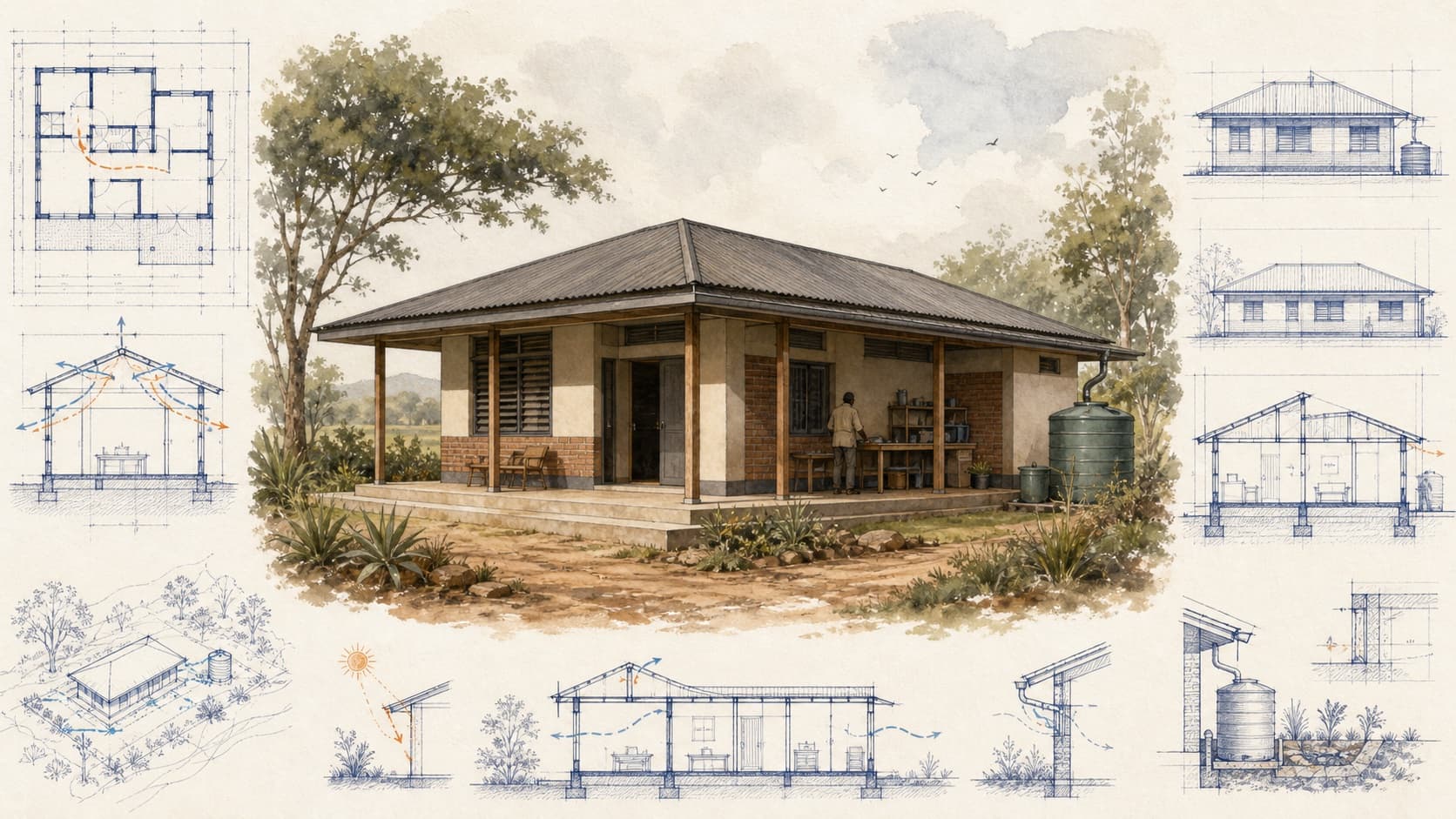 EAP Operator House architectural visualization with watercolor and blueprint details
