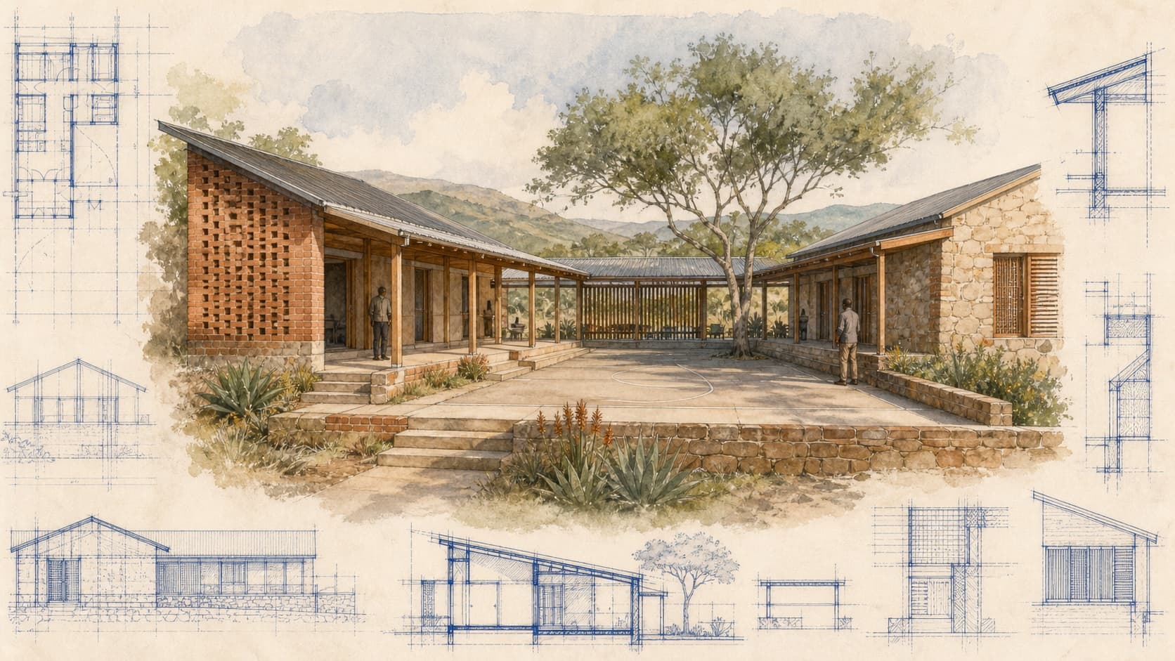 East Cape Youth Facility architectural visualization with watercolor and blueprint details