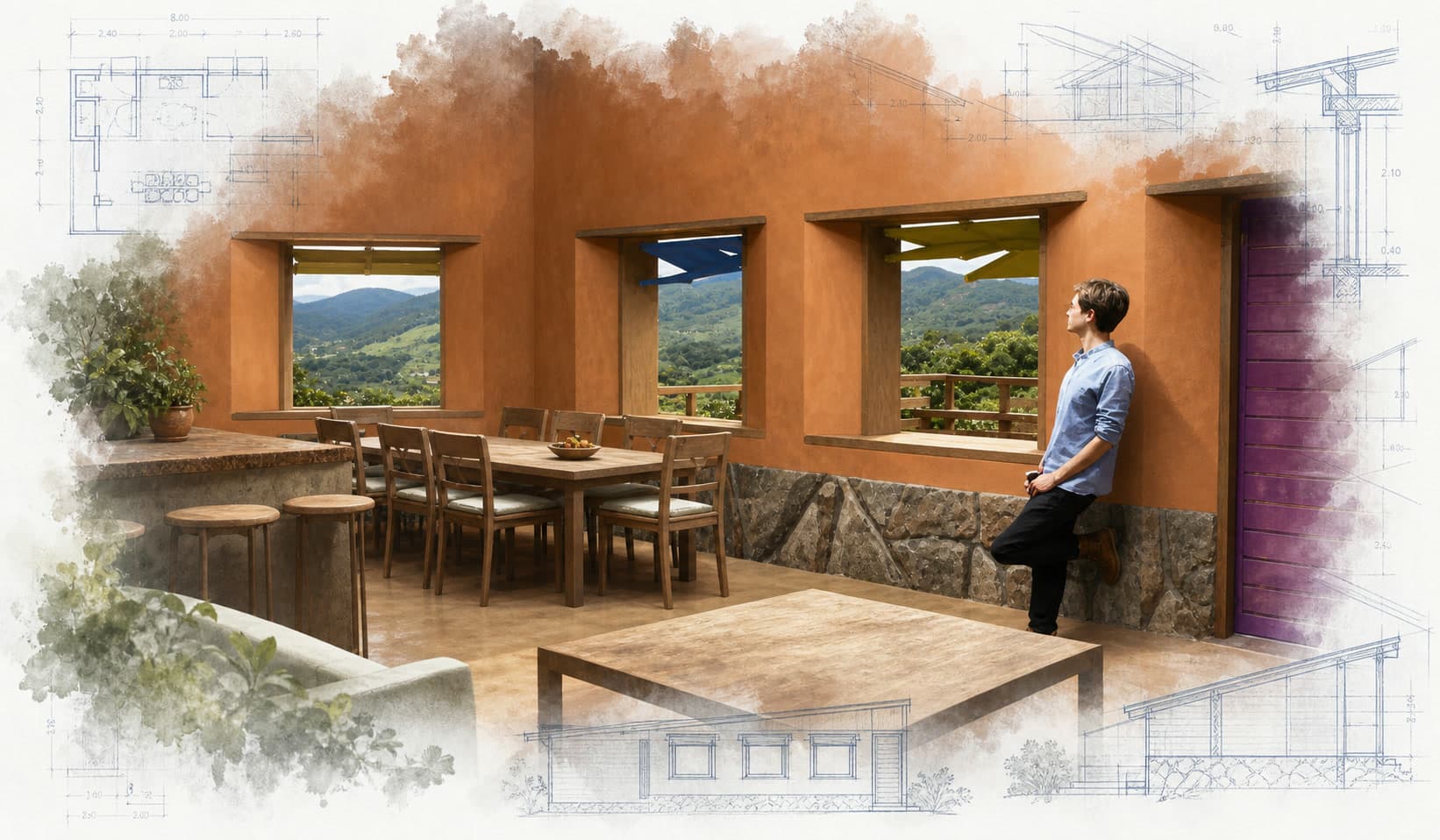 Eco Caminhos Community Center architectural visualization with watercolor and blueprint details