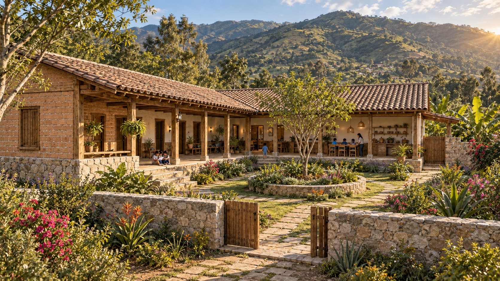 Photorealistic architectural visualization of the proposed Ecuador Orphan Home, with tiled verandas and shared living spaces gathered around a protected garden courtyard in Malacatos