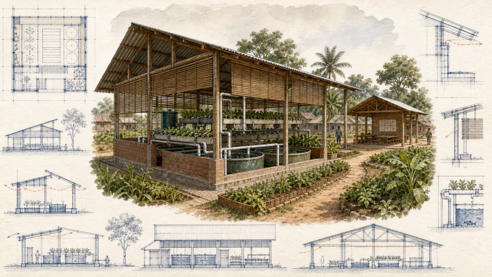 Edinaman Community Village Aquaponics Development architectural visualization with watercolor and blueprint details