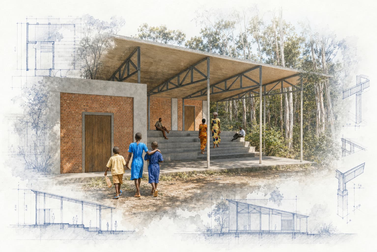 Empowering Villages, Karambo River Master Plan architectural visualization with watercolor and blueprint details