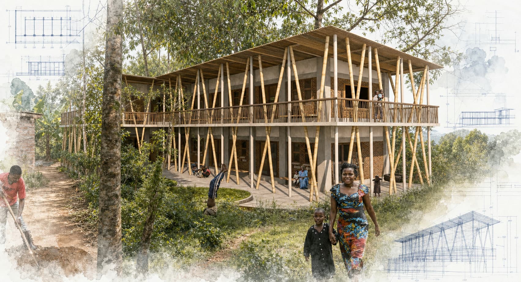 Engeye Business and Training Center architectural visualization with watercolor and blueprint details