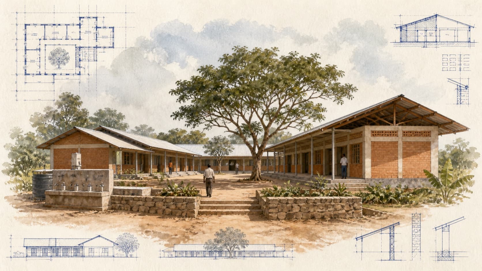 ESHO Gate of Heaven Primary School architectural visualization with watercolor and blueprint details