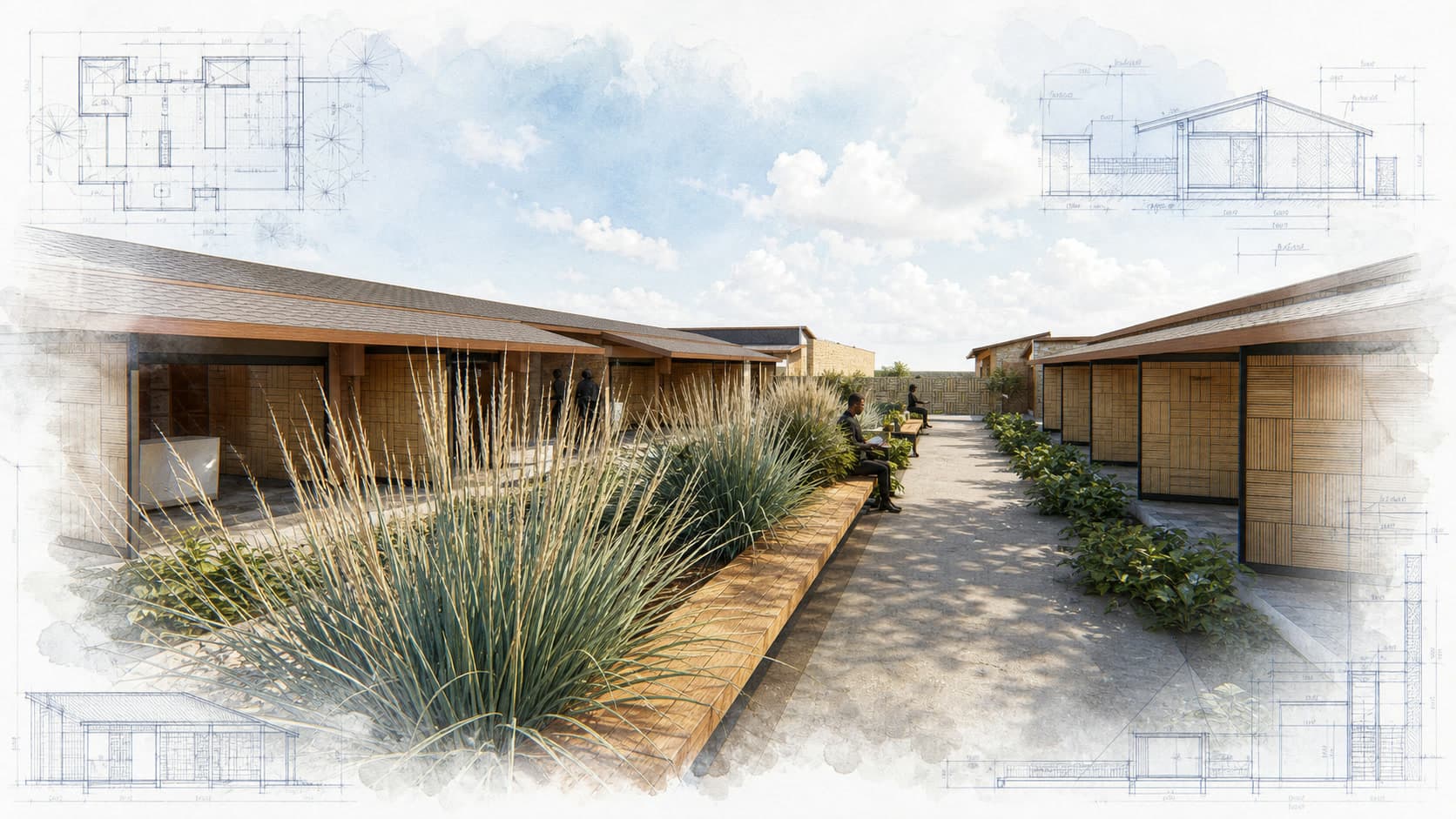 EV Empower Hub 2.0 architectural visualization with watercolor and blueprint details