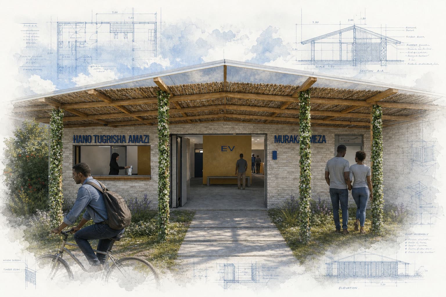 EV Empower Hubs architectural visualization with watercolor and blueprint details