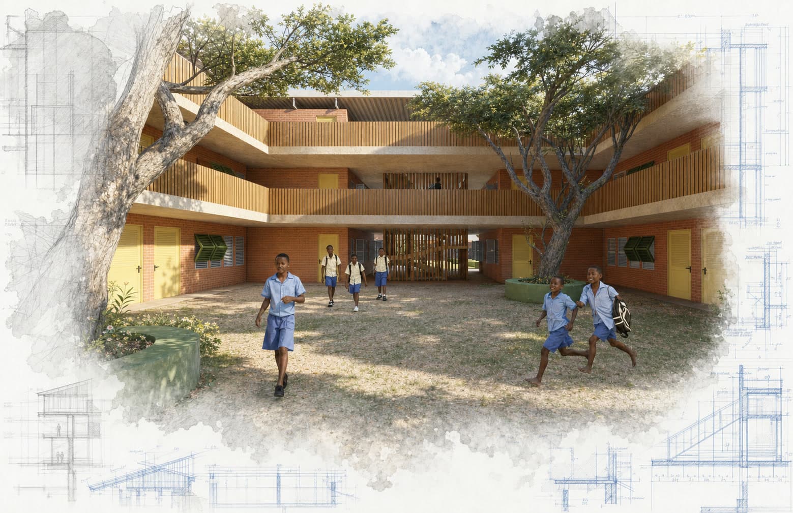 Faith Christian School architectural visualization with watercolor and blueprint details
