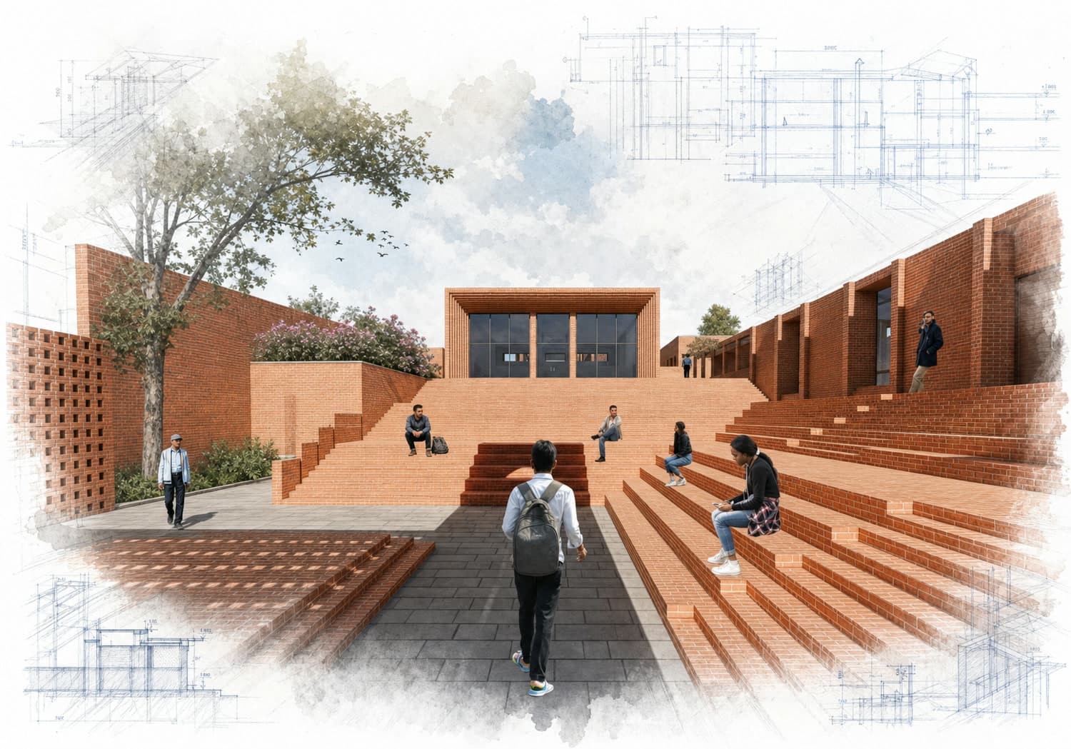 G.P. Koirala Institute for Peace and Democracy architectural visualization with watercolor and blueprint details