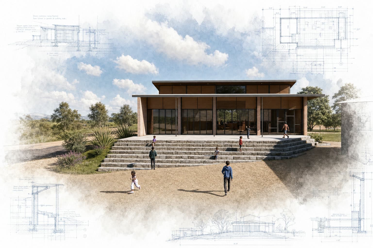 Gatandara Community Library architectural visualization with watercolor and blueprint details