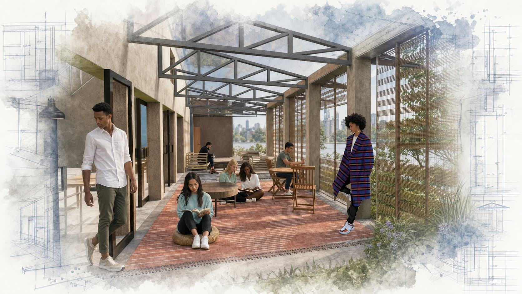 Haitian American Caucus Youth Entrepreneurship Center architectural visualization with watercolor and blueprint details