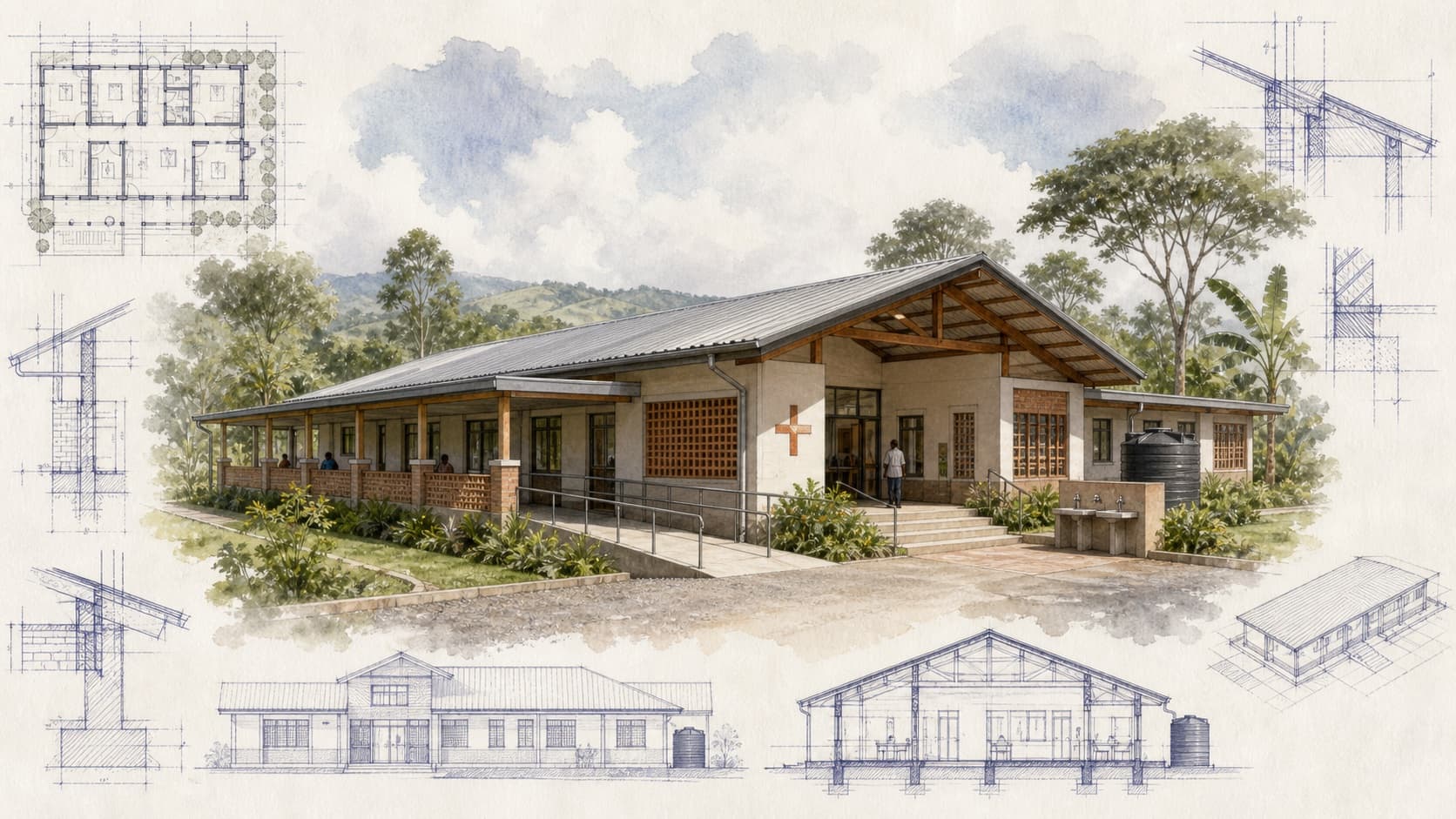 Harmony Life Medical Clinic architectural visualization with watercolor and blueprint details