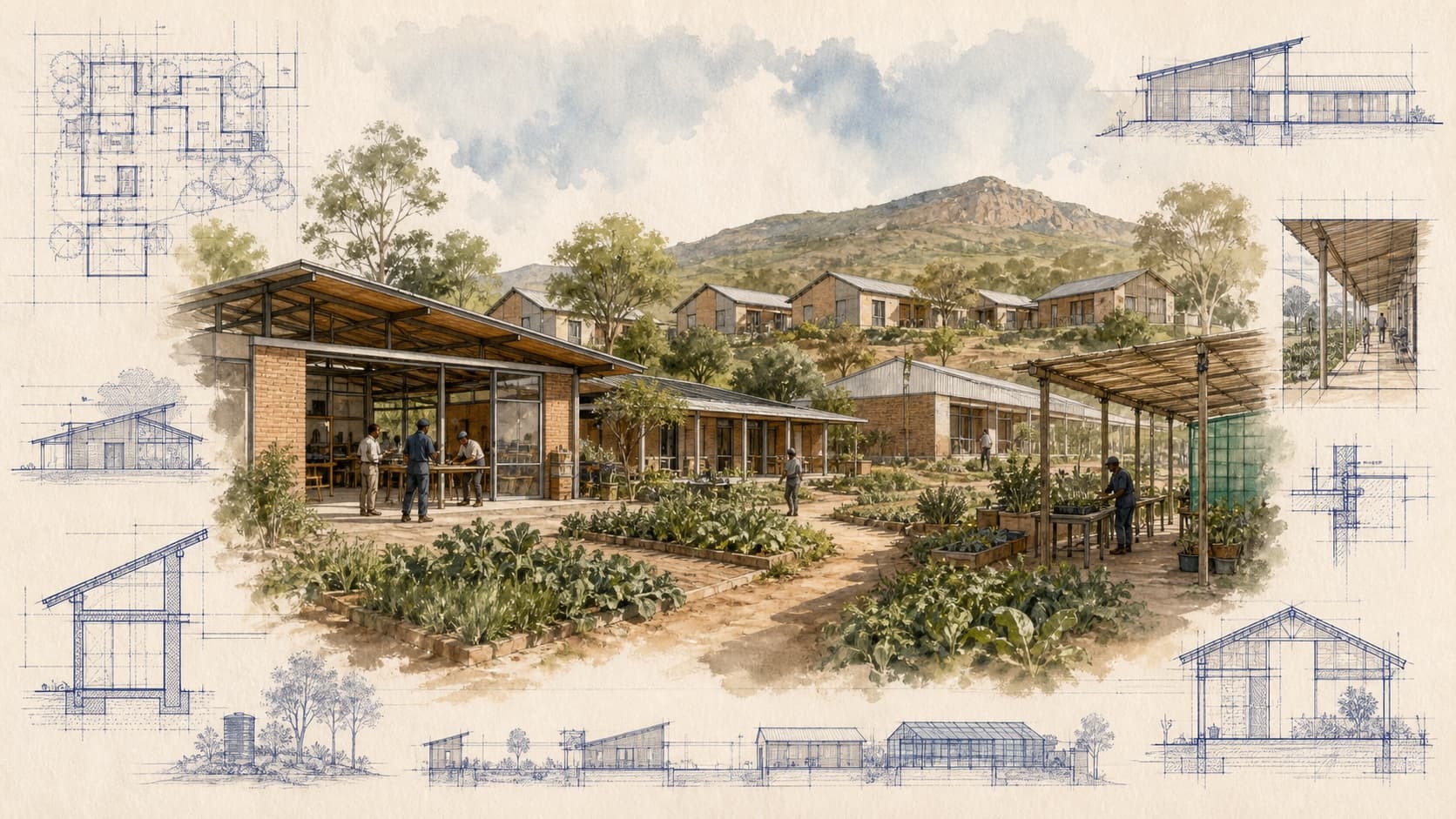 Heartland Vocational Village architectural visualization with watercolor and blueprint details